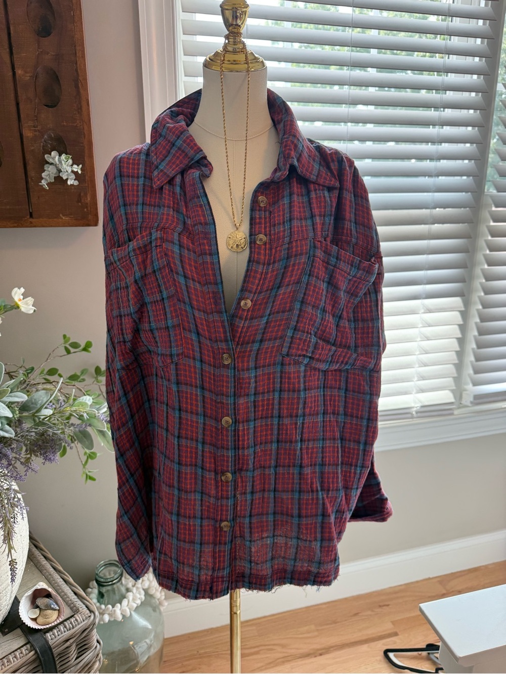 Red and Blue Plaid Button-Up Shirt